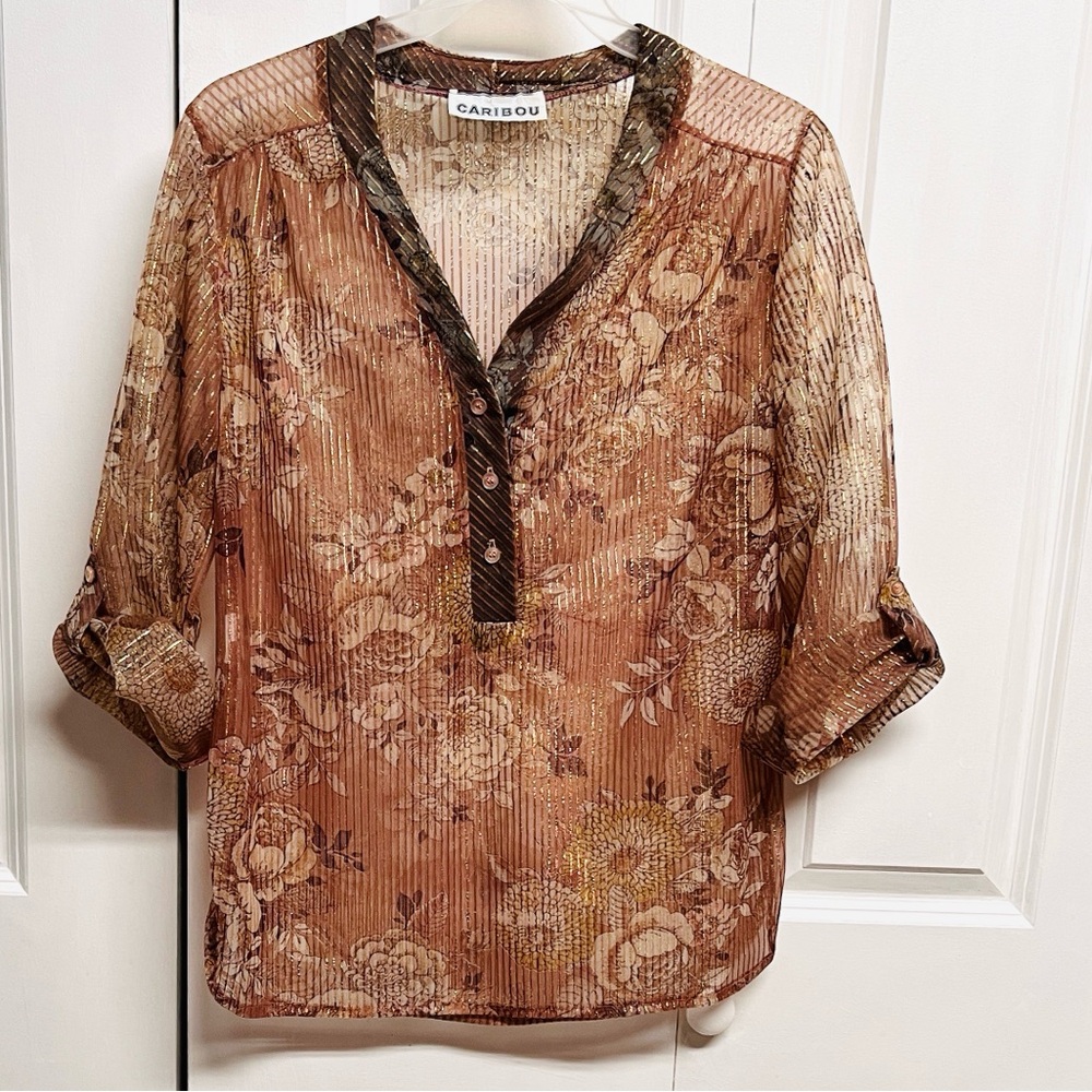Vintage Caribou Pink Floral Sheer Blouse with Metallic Detail Classic Size M